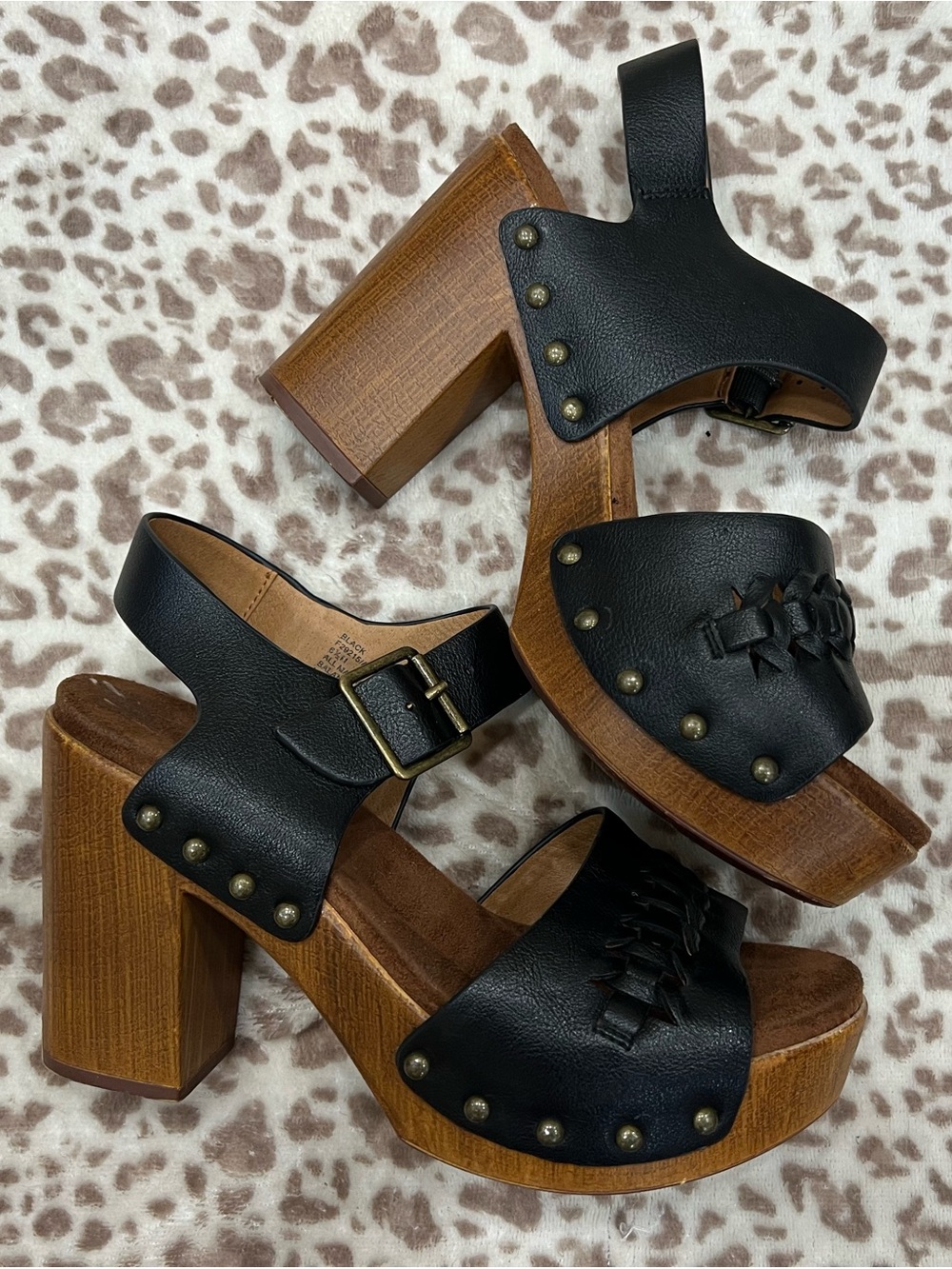 Black Leather Platform Sandals with Stud Accents